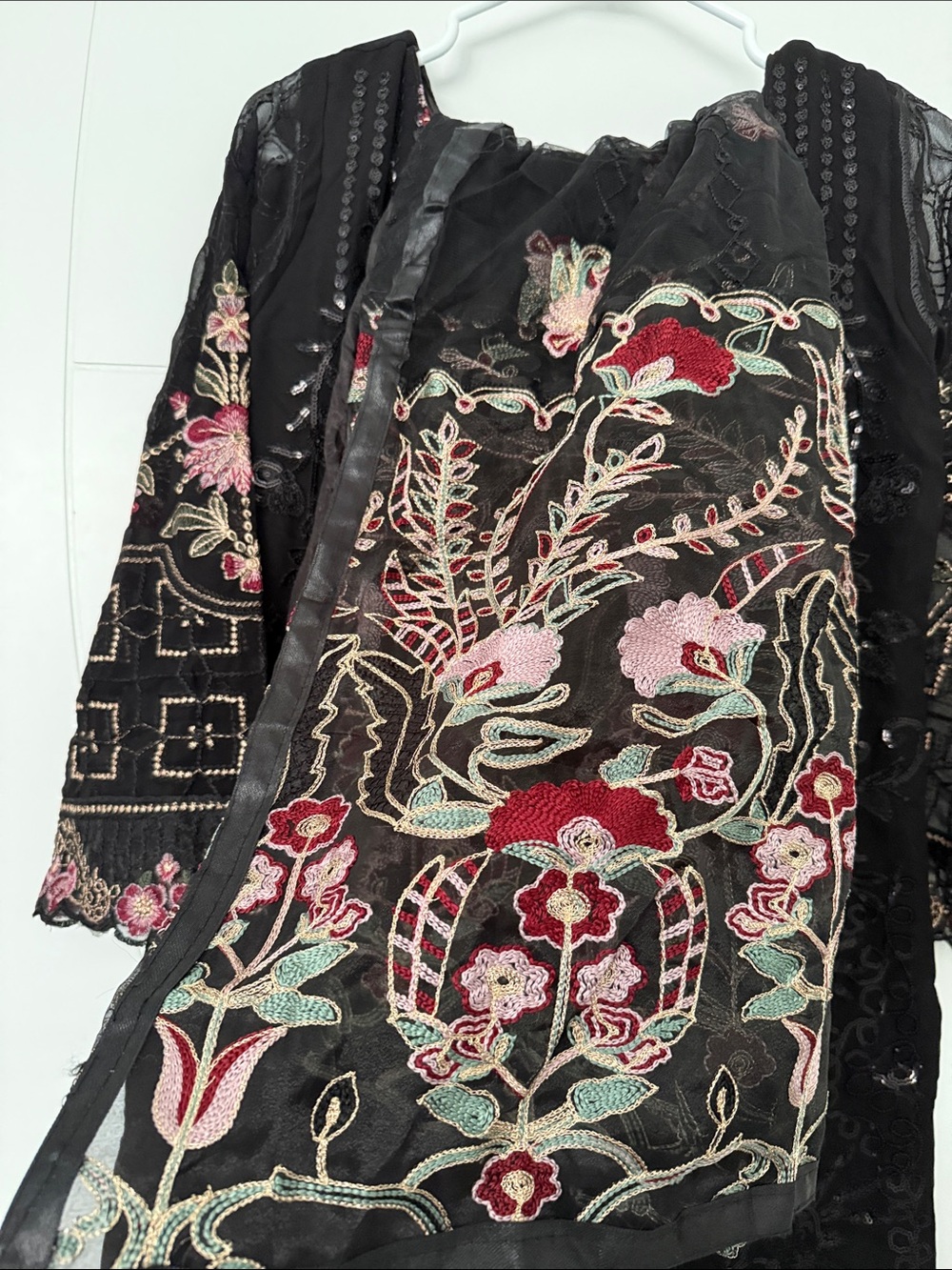 Black Embroidered Floral Indian pant Suit with Pink Accents - Picture 5 of 5